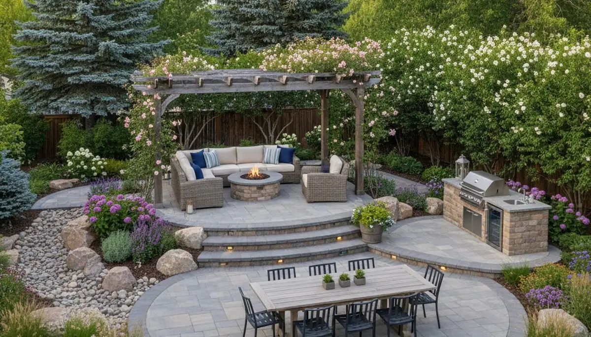 Backyard patio landscaping with lighting and garden design in Thornton, CO by Chop Chop Landscaping