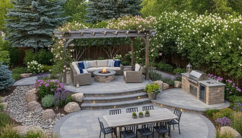 Backyard patio landscaping with lighting and garden design in Thornton, CO by Chop Chop Landscaping