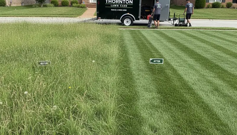 Before and after professional lawn mowing showing lush green yard transformation in Thornton, CO
