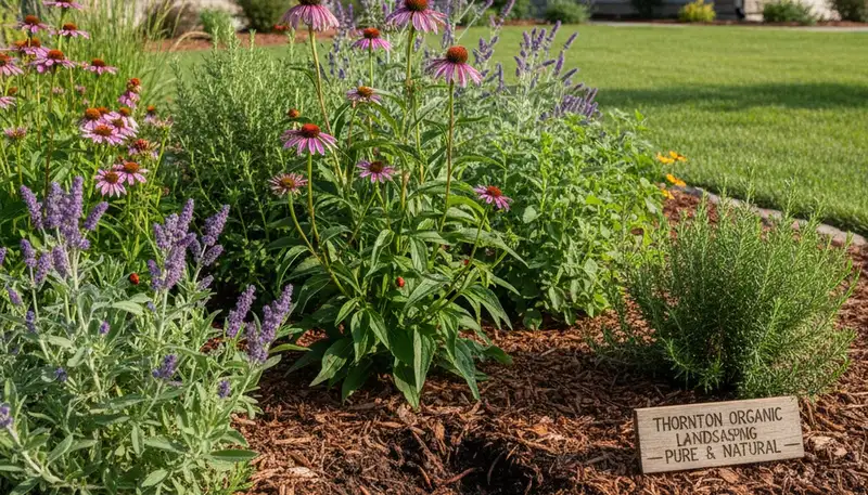 Organic landscape beds with vibrant plants and natural mulch in sustainable Thornton, CO garden design