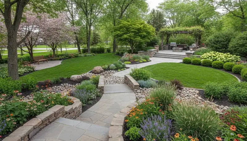 Residential landscape design with garden beds, hardscape, and lawn by landscapers in Thornton, CO