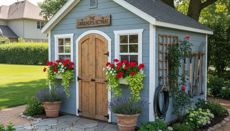 Decorative garden shed with custom landscaping design in Thornton, CO by Chop Chop Landscaping