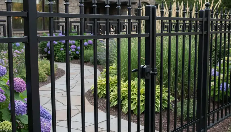 Ornamental black metal fence with decorative design by Chop Chop Landscaping in Thornton, CO