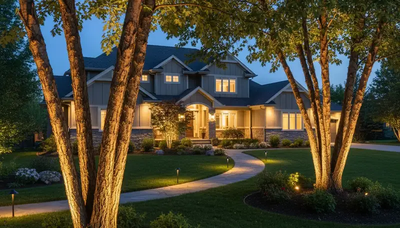Dramatic tree uplighting with professional landscape lighting in Thornton, CO enhancing evening curb appeal