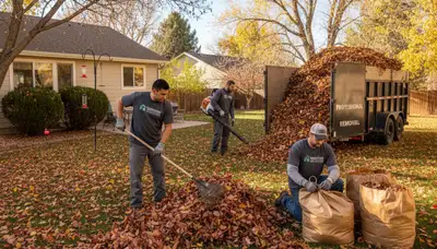 Technicians raking and bagging autumn leaves during residential yard clean up in Thornton, CO