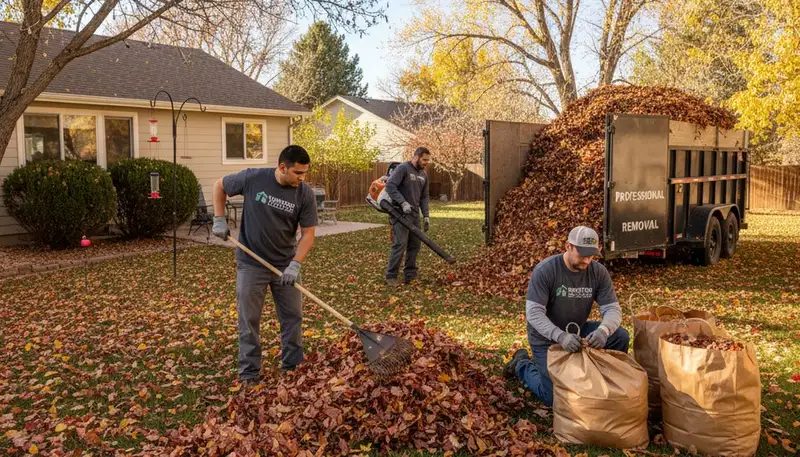 Technicians raking and bagging autumn leaves during residential yard clean up in Thornton, CO
