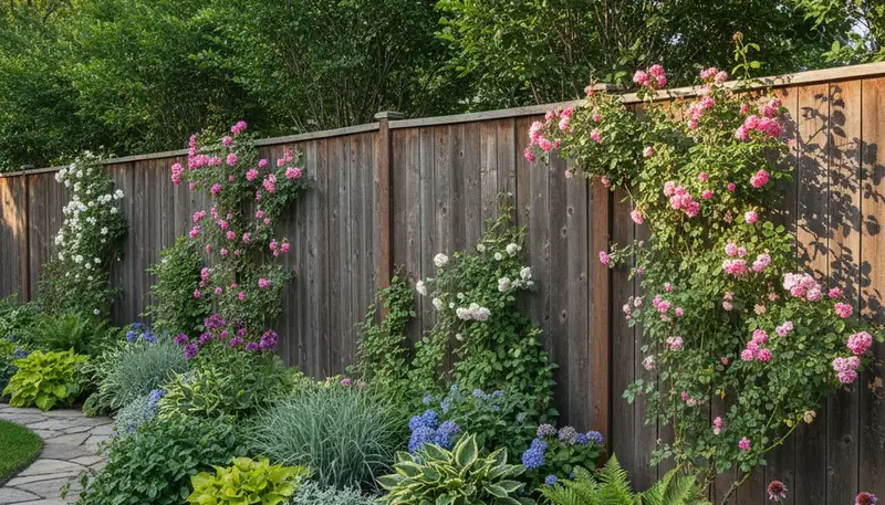 Fence with integrated plantings and landscape beds by Chop Chop Landscaping in Thornton, CO