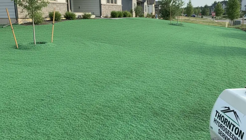Freshly hydroseeded lawn with green slurry coating on prepared soil in Thornton, CO landscaping project