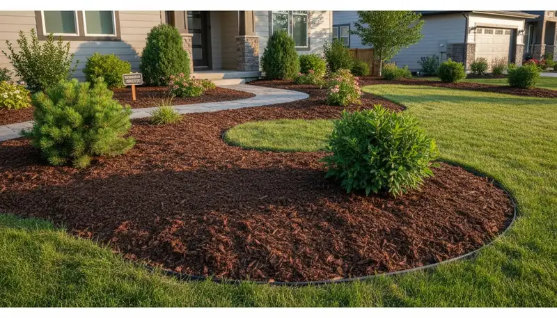 Fresh mulch installation with clean edges and even coverage in Thornton, CO landscaping project