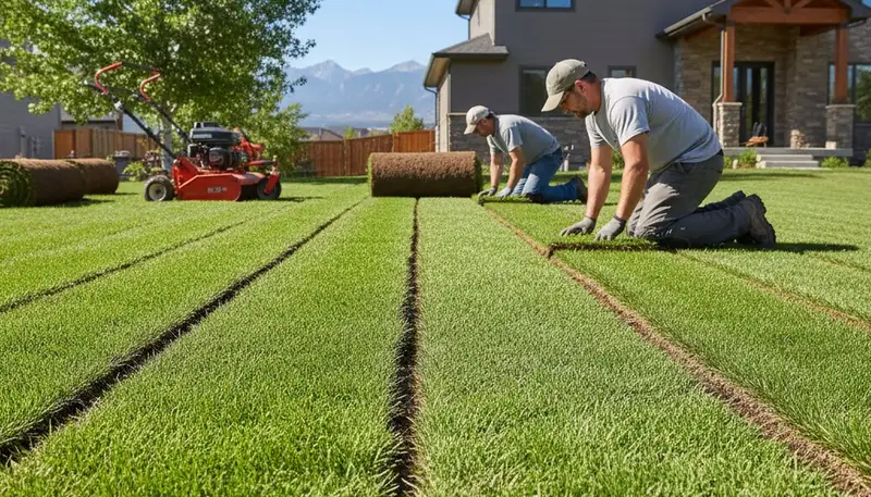 Fresh sod rolls professionally installed on prepared lawn in Thornton, CO by Chop Chop Landscaping