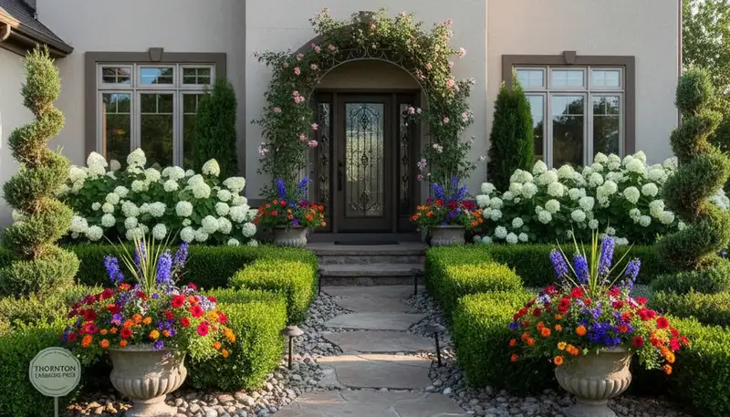 Front yard curb appeal landscaping with colorful plants and shrubs in Thornton, CO by Chop Chop Landscaping