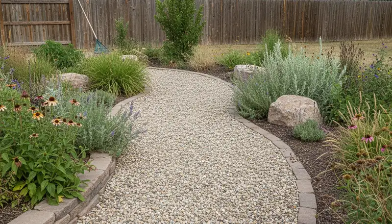 Pea gravel garden path with natural landscaping design in Thornton, CO by Chop Chop Landscaping