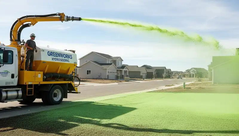 Hydroseeder truck spraying green slurry on Thornton, CO lawn for professional hydroseeding service