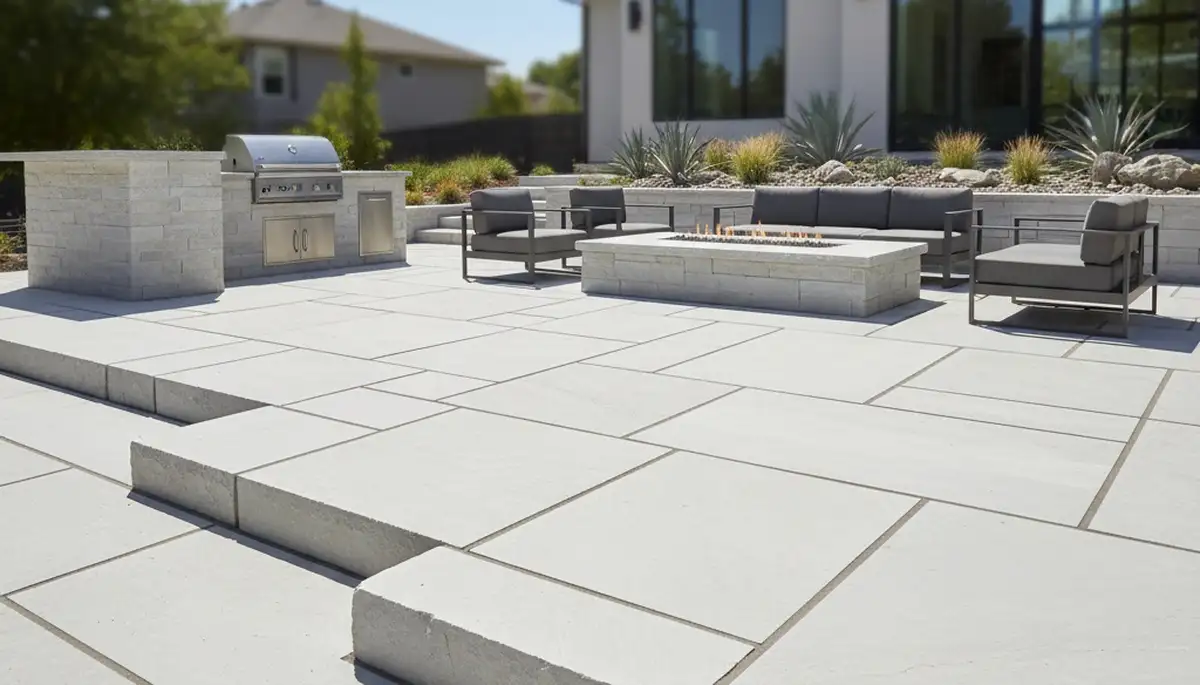 Modern large stone slab patio installation by professional landscapers in Thornton, CO
