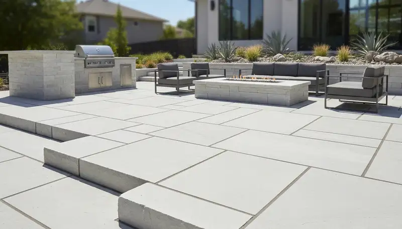 Modern large stone slab patio installation by professional landscapers in Thornton, CO