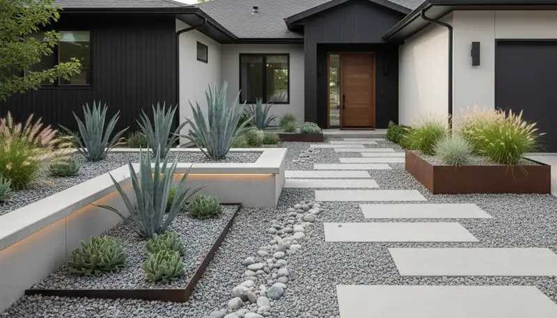 Modern minimalist pea gravel landscape design in Thornton, CO with clean lines and architectural plants
