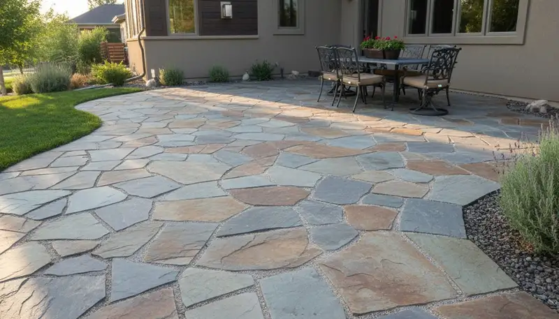 Flagstone patio with natural slate pavers by Chop Chop Landscaping in Thornton, CO