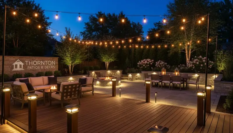 Evening patio lighting with post and step lights by Chop Chop Landscaping in Thornton, CO