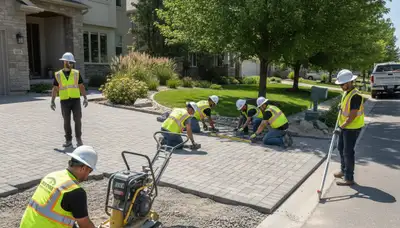 Crew installing driveway pavers in Thornton, CO with precise leveling and base prep by landscaping pros