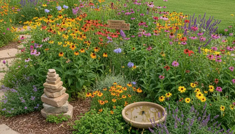 Pollinator-friendly native flower garden design in Thornton, CO by organic landscaping experts