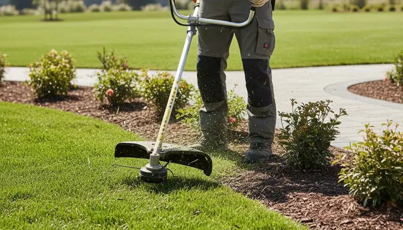 Technician performing precise lawn edge trimming with string trimmer in Thornton, CO landscaping