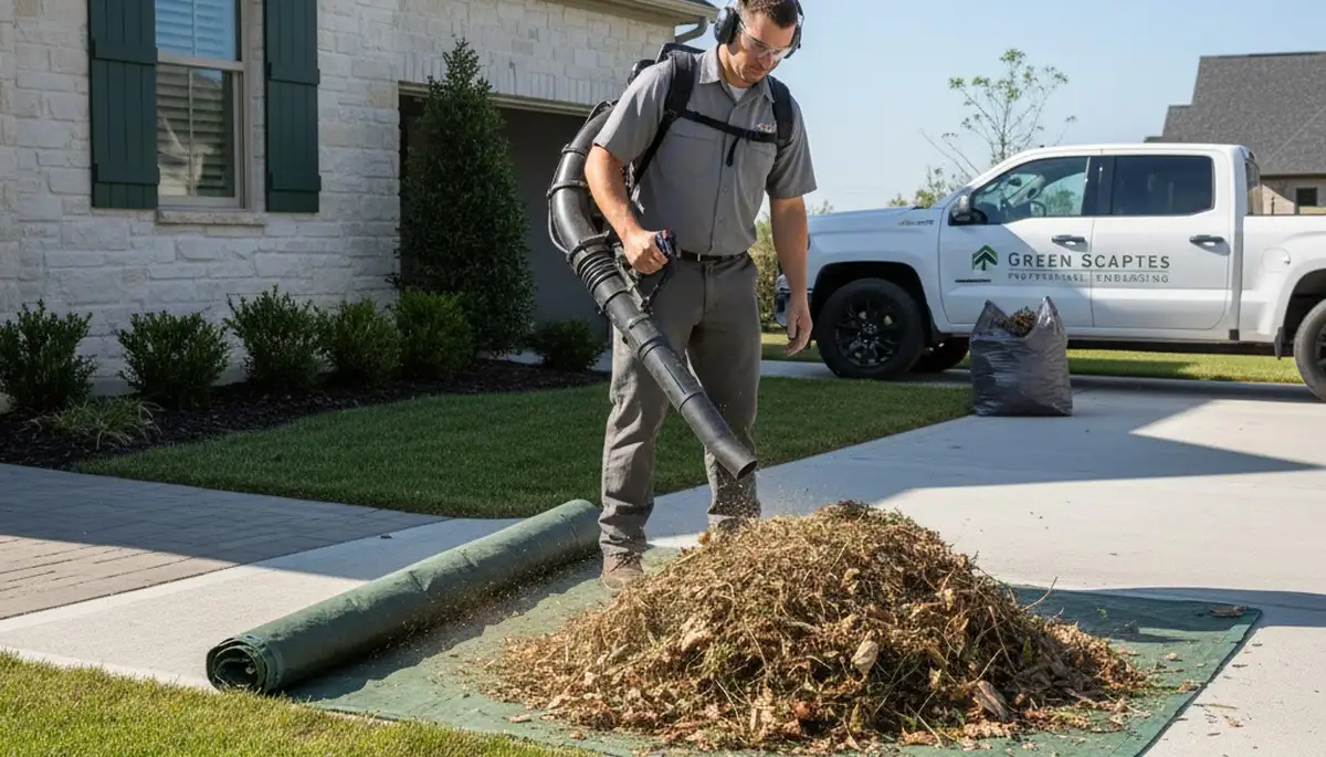 Technician using leaf blower for lawn debris cleanup during professional maintenance in Thornton, CO