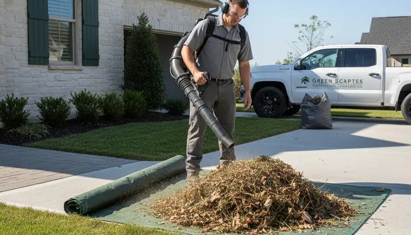 Technician using leaf blower for lawn debris cleanup during professional maintenance in Thornton, CO