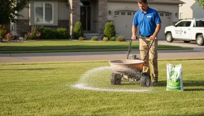 Lawn care technician spreading fertilizer with broadcast spreader in Thornton, CO yard