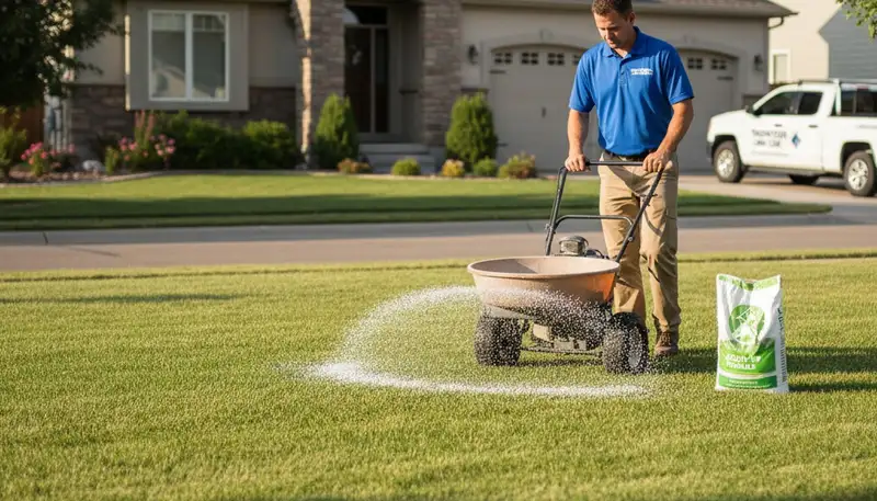 Lawn care technician spreading fertilizer with broadcast spreader in Thornton, CO yard