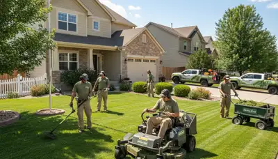 Lawn care crew mowing and edging a residential yard in Thornton, CO for Chop Chop Landscaping