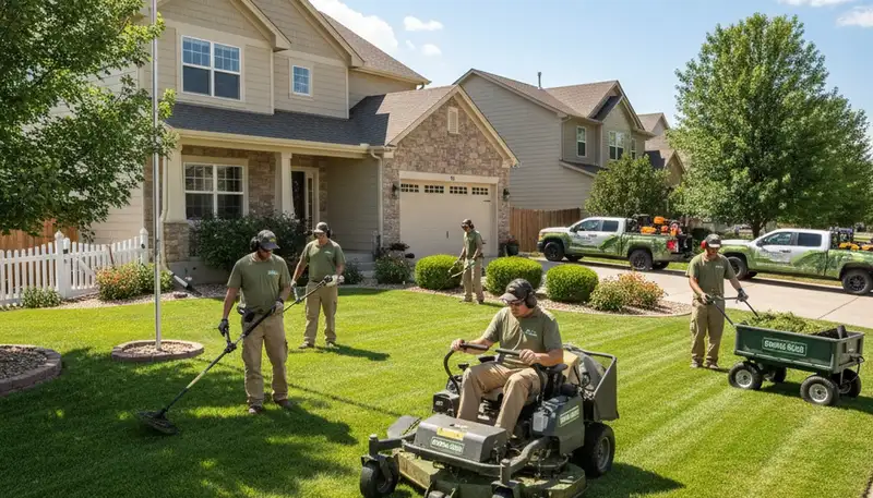 Lawn care crew mowing and edging a residential yard in Thornton, CO for Chop Chop Landscaping