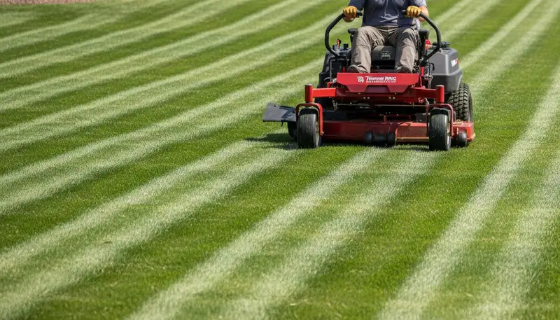 Professional lawn mowing with commercial mower creating striped patterns in Thornton, CO lawn