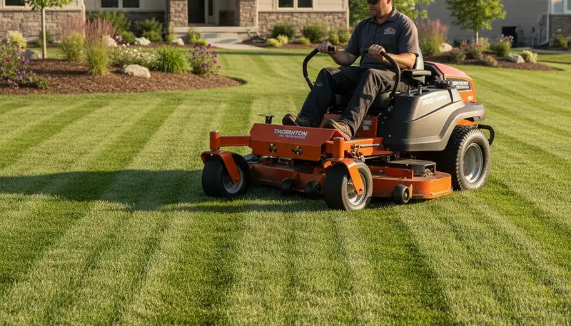 Precision lawn mowing with clean stripes and edging by Chop Chop Landscaping in Thornton, CO