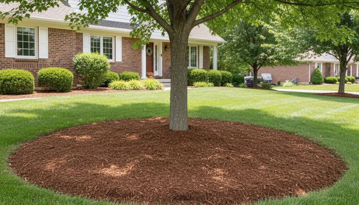 Professional circular mulch ring around tree base in Thornton, CO by Chop Chop Landscaping