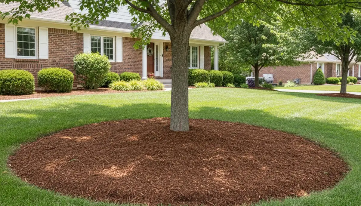 Professional circular mulch ring around tree base in Thornton, CO by Chop Chop Landscaping