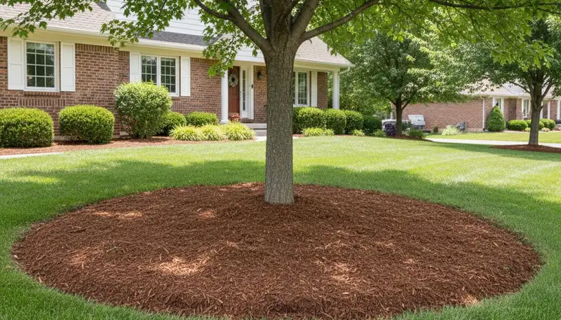 Professional circular mulch ring around tree base in Thornton, CO by Chop Chop Landscaping