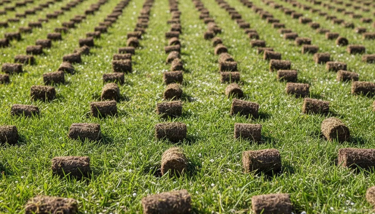 Close-up of lawn aeration soil core plugs showing turf health improvement in Thornton, CO