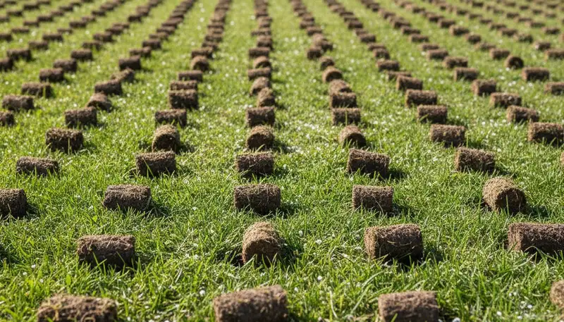 Close-up of lawn aeration soil core plugs showing turf health improvement in Thornton, CO