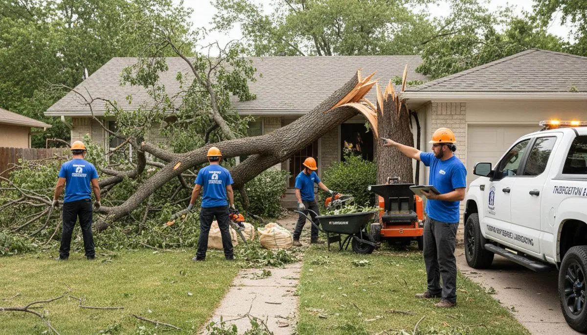 Storm debris and fallen branches cleared by landscaping crew in Thornton, CO after severe weather cleanup