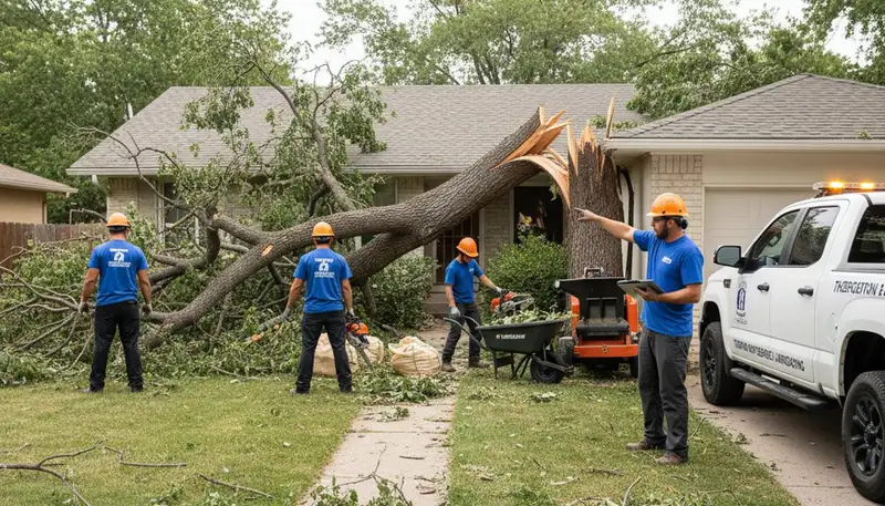 Storm debris and fallen branches cleared by landscaping crew in Thornton, CO after severe weather cleanup