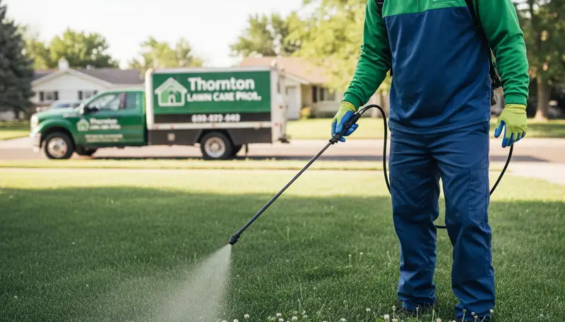 Lawn care technician applying targeted weed control treatment in Thornton, CO lawn